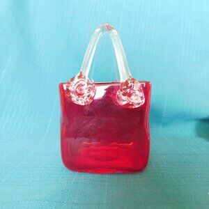 Red and clear art glass basket near mint condition